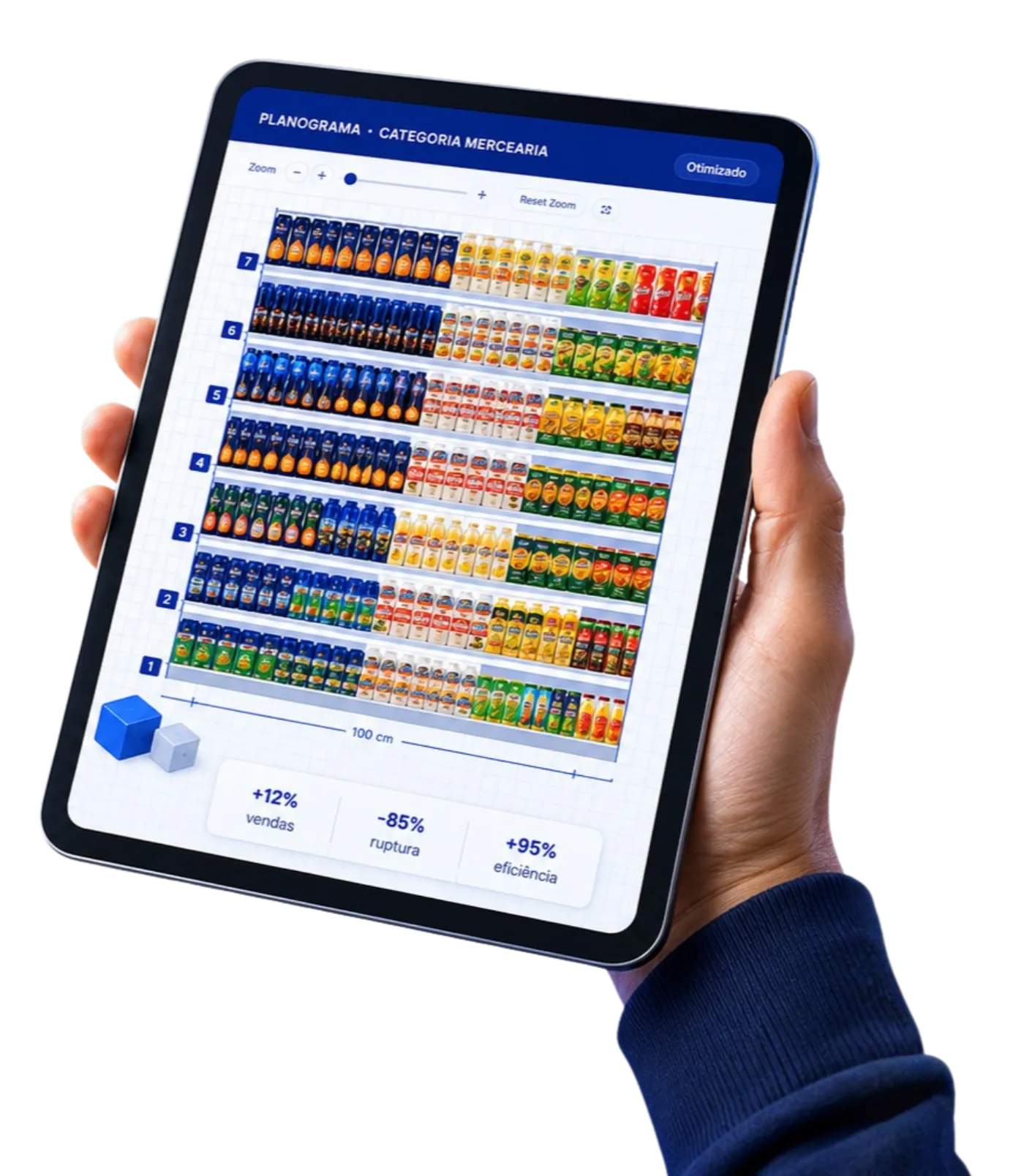 Tablet exibindo planograma da categoria mercearia em uma gôndola otimizada