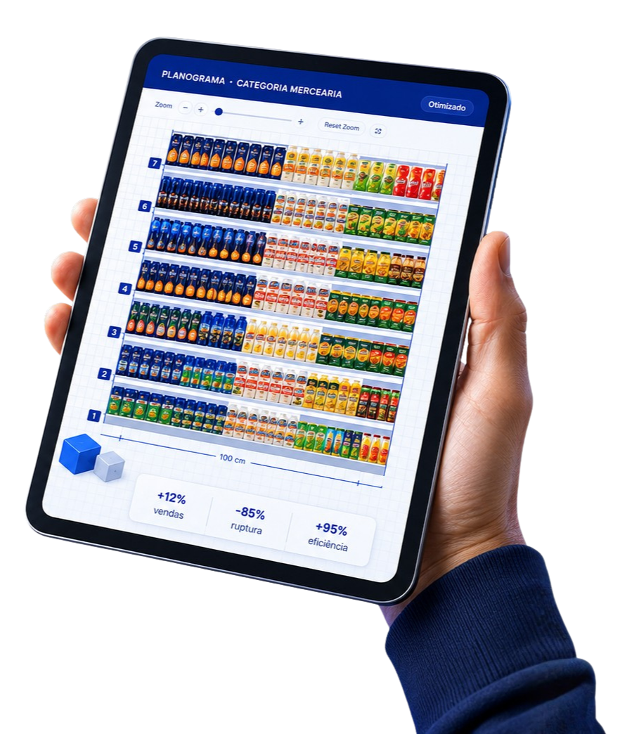 Tablet exibindo planograma da categoria mercearia em uma gôndola otimizada